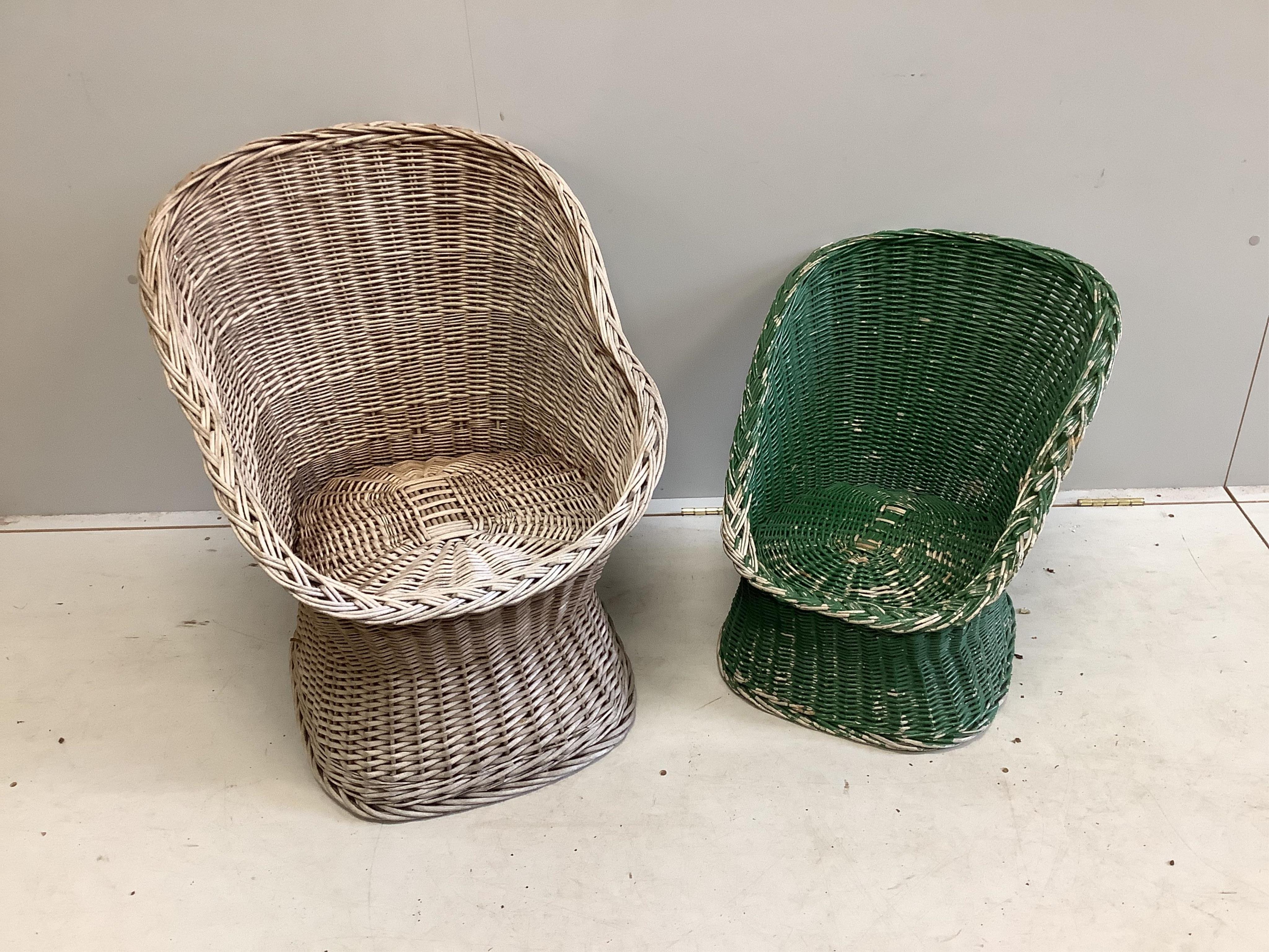 Two vintage wicker garden chairs, larger width 60cm, height 70cm. Condition - fair